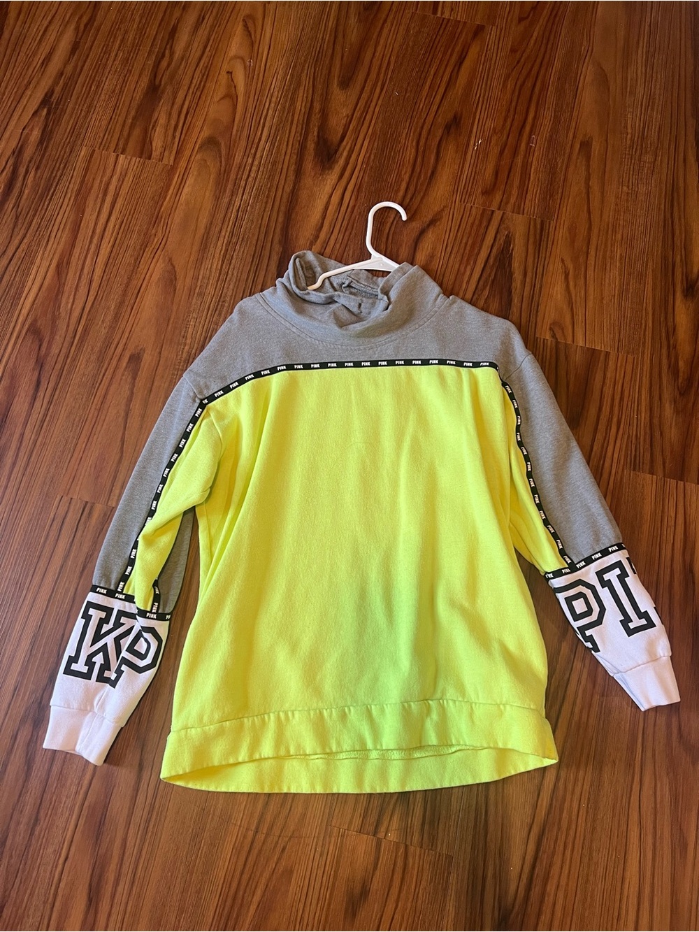 PINK Victoria’s Secret Small Neon Yellow & Gray Hooded Pullover Top